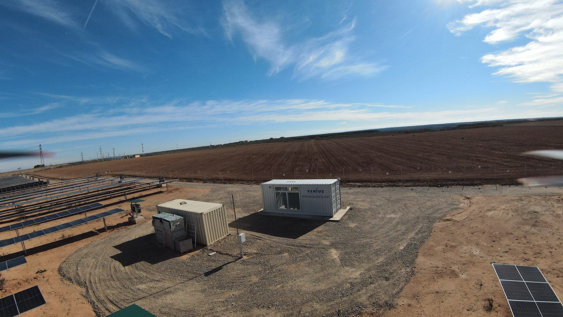 Inverter and transformer station at the Candasnos solar plant