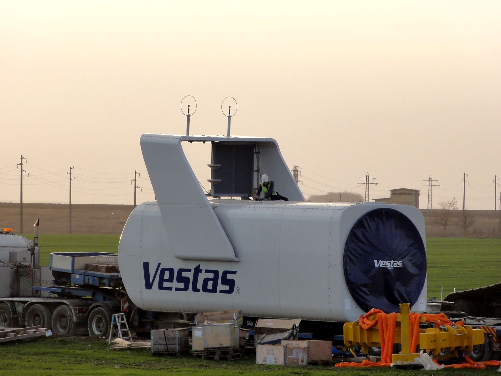 Vestas V90 nacelle on its transport frame at Balchik Wind I, ready for lifting