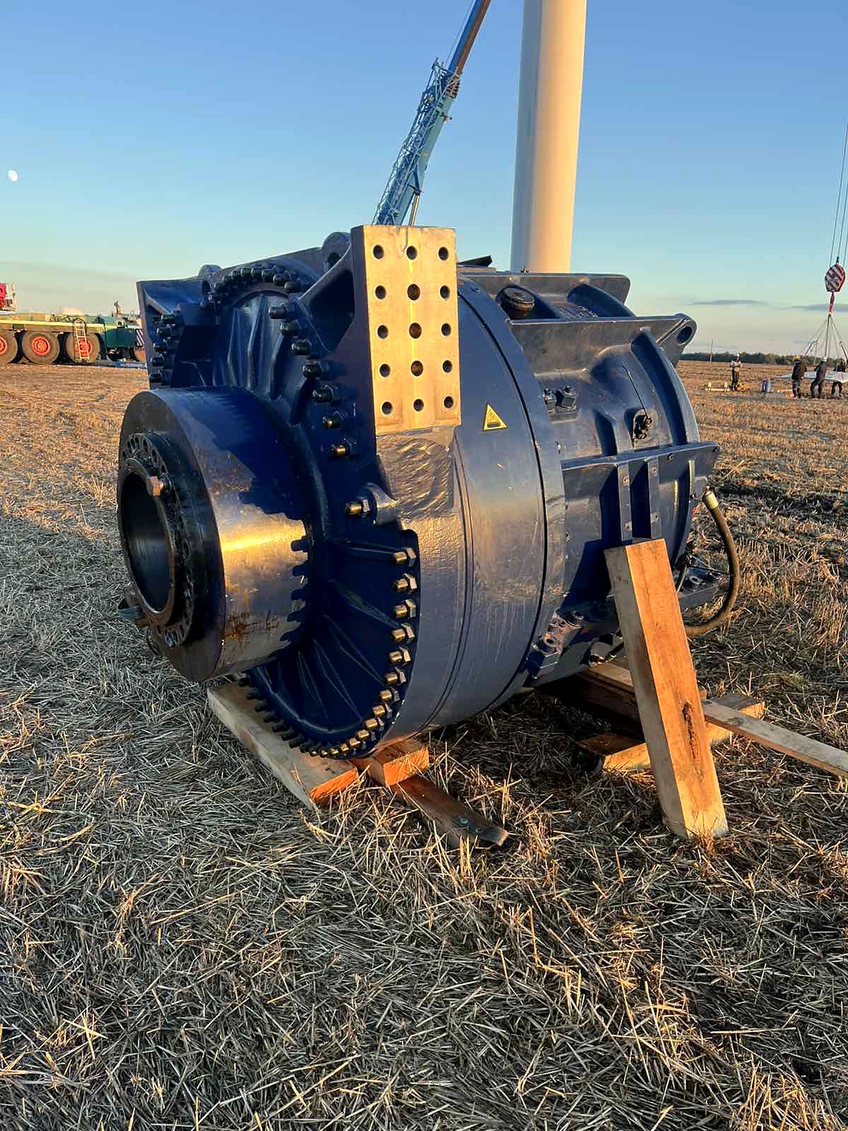 Replacement gearbox on the ground at Balchik Wind II during a major repair