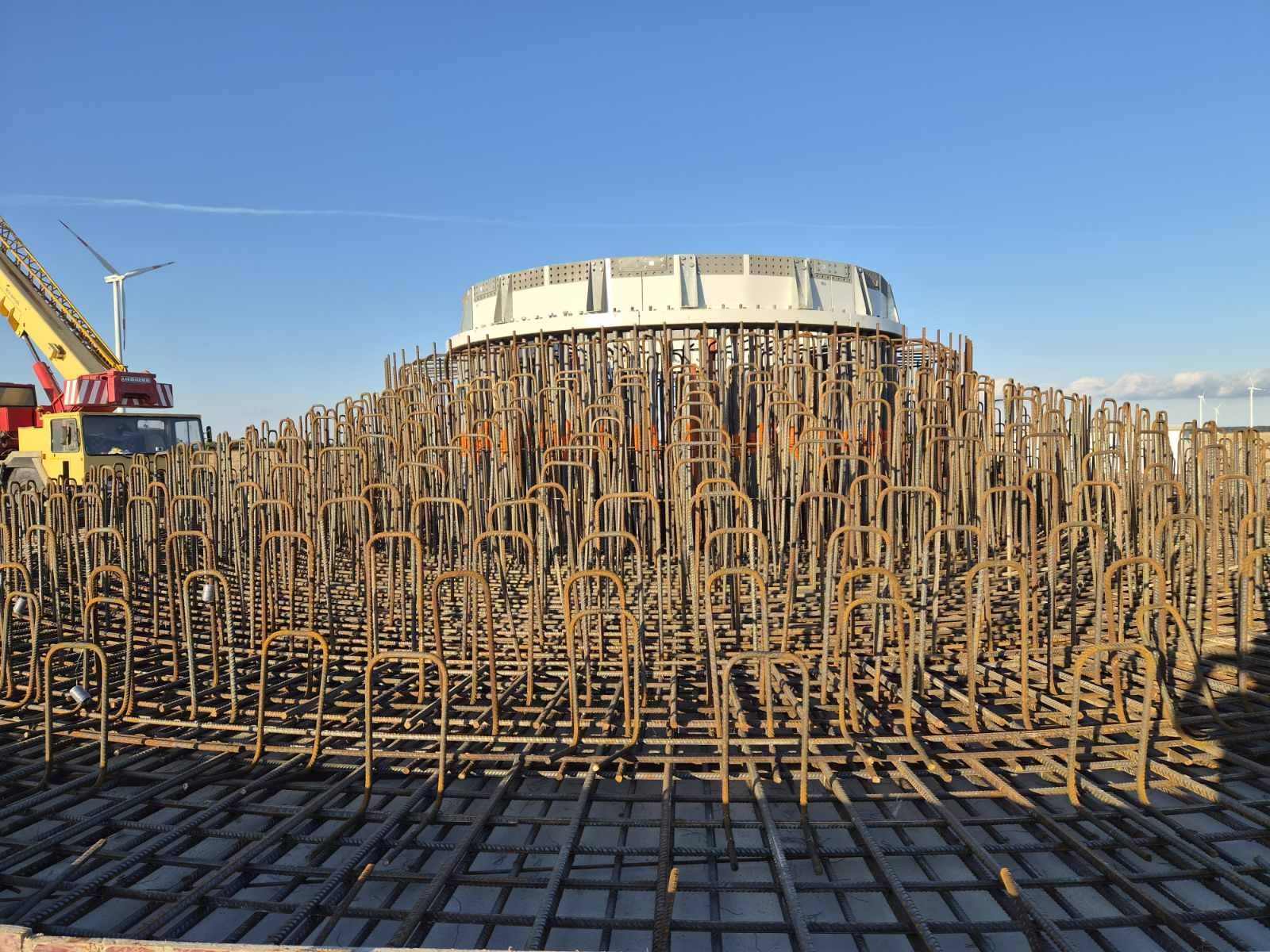 Reinforcement and the tower anchor flange of the Balchik Wind IV foundation before the pour