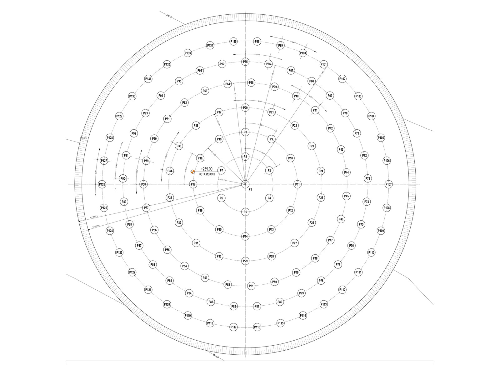 Pile plan for the Balchik Wind IV foundation: 135 rigid inclusions set out in concentric rings
