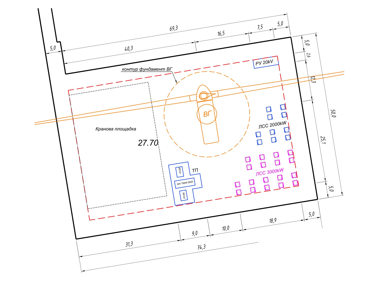 Site plan for Balchik Wind IV: the crane pad beside the turbine foundation, the transformer station and the battery storage units, with plot dimensions in metres