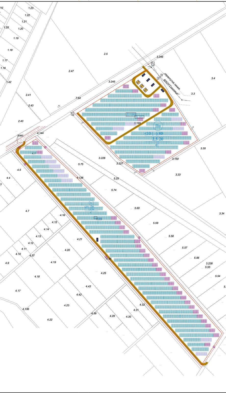 Site plan of the planned Plovdiv solar and storage plant, with module tables, inverters and battery containers